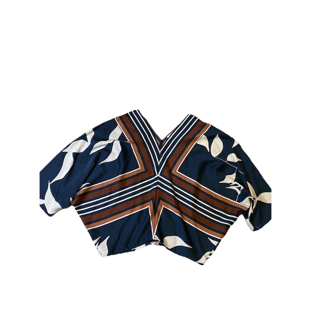 Nine West Blouse XS Womens Blue Brown Geometric Stripe Leaf V-Neck Dolman Top
